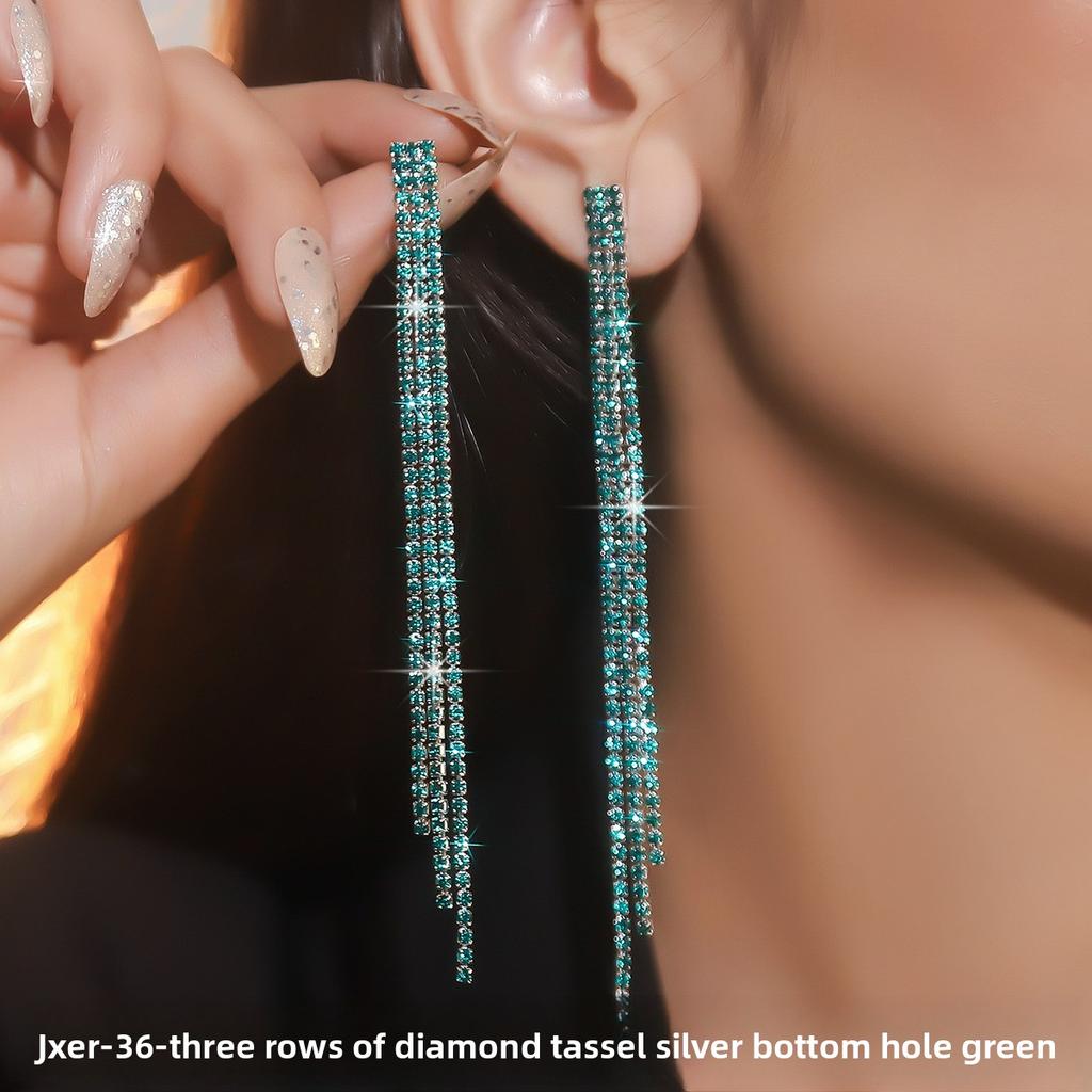Temperament Luxury Hole Green Rhinestone Earrings Women's Versatile Chain Long Three-Row Fringed Diamond Earrings Earrings