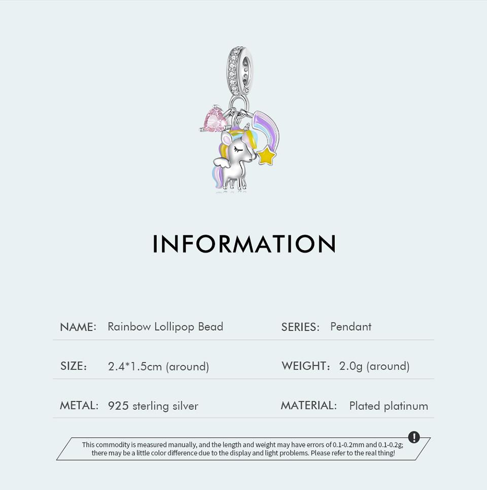 WOSTU 925 Sterling Silver Rainbow & Unicorn Bead Lovely Horse Pendant Charm for Women Original Necklace Bracelet