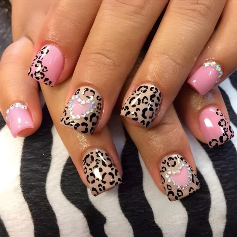 24 Pcs False Nail with Rhinestones Valentines Day Press On Nail Leopard Heart Acrylic Nail Full Cover Stick On Nail