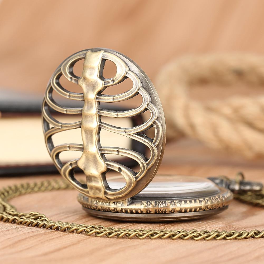 Hollow Fishbone Shaped Quartz Pocket Watch Vintage Necklace Chain Clock Gifts for Men Women