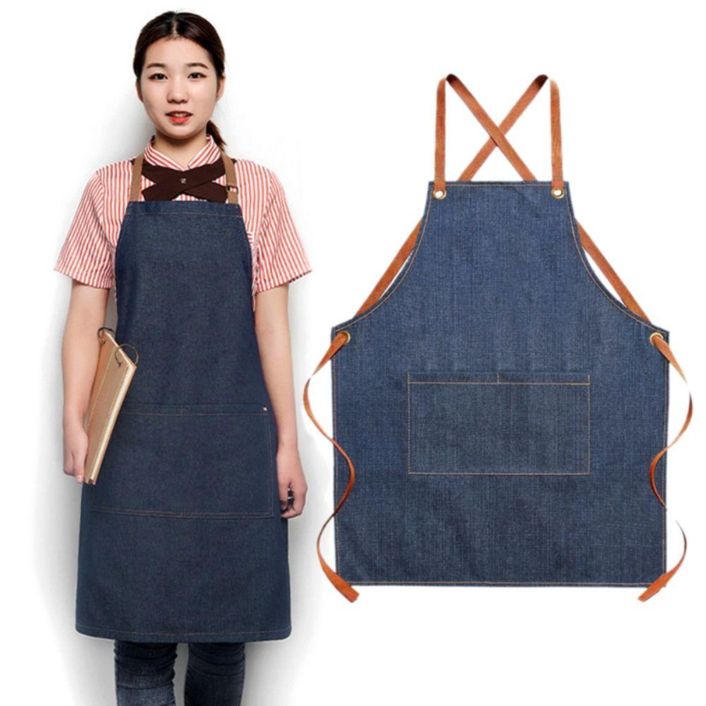 Dirt-resistant Kitchen Chef Apron with Pocket Painting Apron Durable Cross Back Denim Apron  Cafe