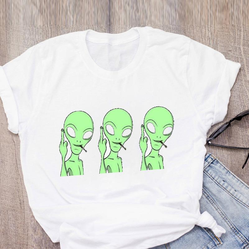 Футболка с принтом в виде мультяшного инопланетянина радужного цвета с коротким рукавом, женская одежда