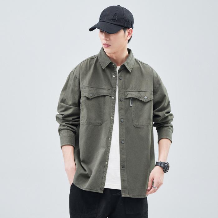 Heavy Washed Cotton Japanese Retro Trendy Brand Loose Casual Shirt Jacket Dark Gray Army Green Jujube