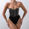 Solid Color Buttocks Women Bodysuit Wrapped Chest Fringe Patchwork Diamond Strapless Jumpsuit