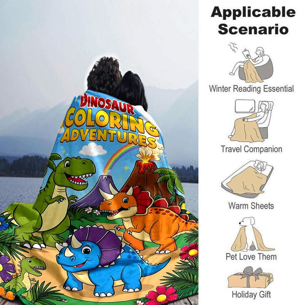 1pc Dinosaur Coloring Adventures blanket Lightweight Flannel Throw for Sofa Bed Travel Camping Livingroom Office Couch Chair