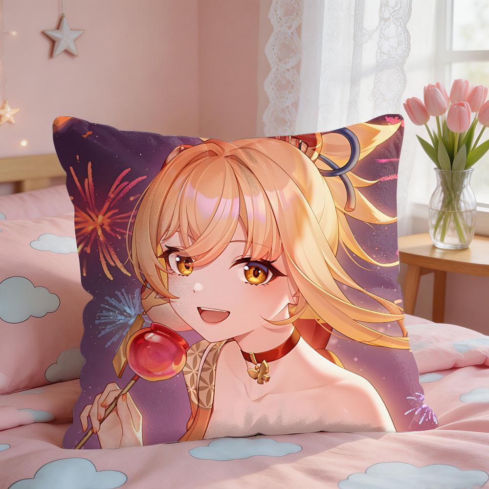 Yoimiya Genshin Impact Cushion Cover Square Short Plush Pillow Case Living Room Sofa Home Decor Funda X