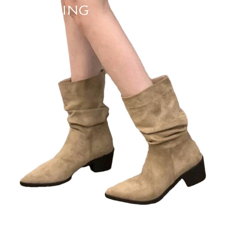Зимние женские ботильоны на толстой подошве из замши с острым носком и складками на среднем каблуке 2025 года, классические готические туфли-лодочки Chelsea Botas De Mujer