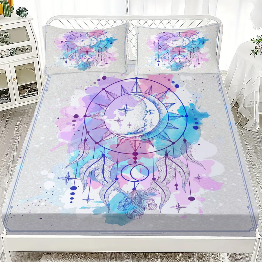 3D Простыня на резинке Воображение Расписные узоры Принт Простыня на резинке и наволочка Комплект постельного белья Мягкий Дышащий Комплект постельного белья