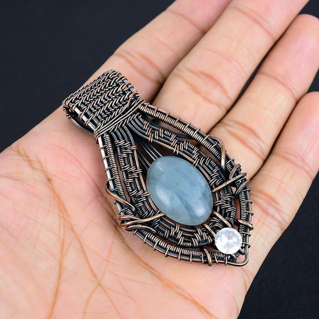 Aquamarine 999 Copper Wire Wrapped Pendant, Handmade Gemstone Pendant Jewelry, Gifts For Wife Brand New Pendant