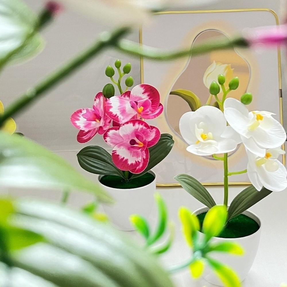 Multi-Bloom Simulated Butterfly Orchid White Flower Pot Plastic Fake Flower Home Decor