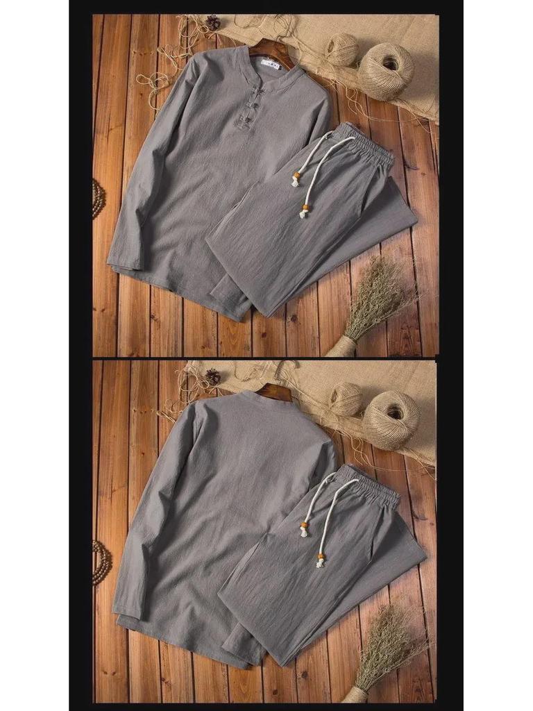 Мужской льняной костюм в китайском стиле: Летний комплект из двух предметов с футболкой с длинными рукавами, смесь хлопка и льна.