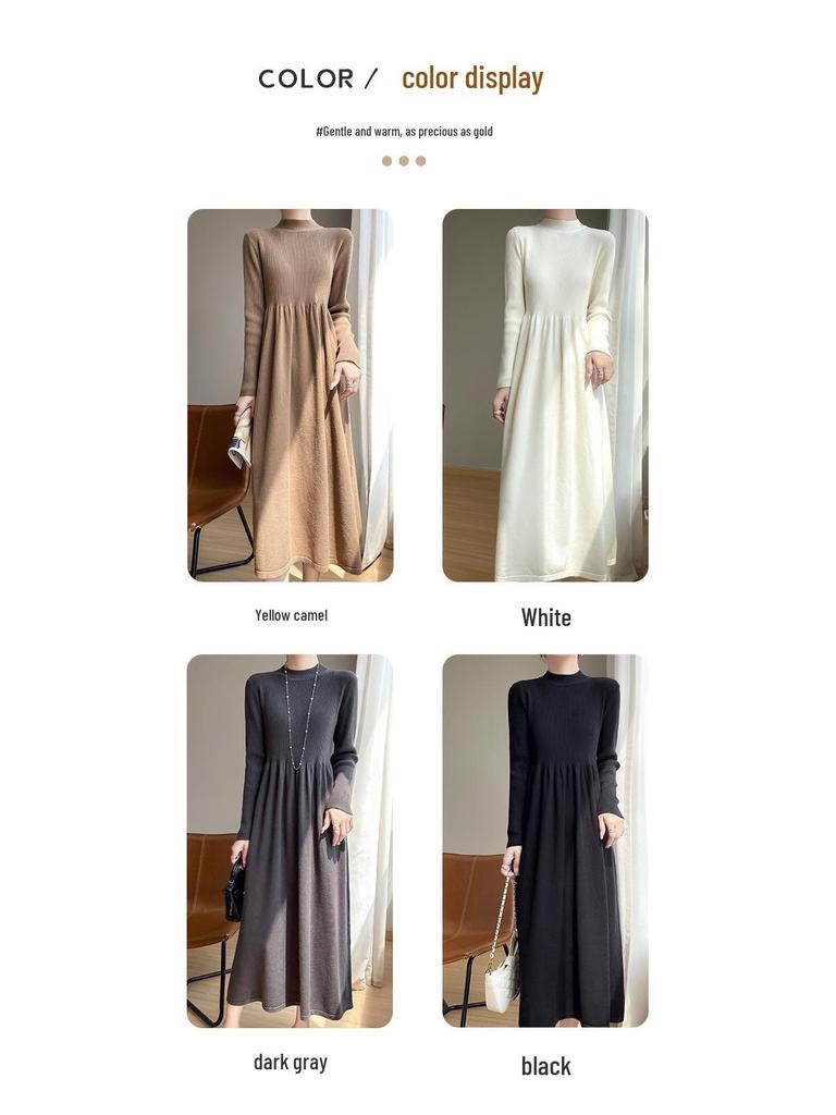 Women's Solid Color Velvet Knit Pullover Mid-Length Dress - Long Sleeve, Half High Neck, Over-the-Knee Style