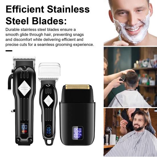 Мужской комплект машинки для стрижки волос 3 в 1, беспроводной набор для стрижки, электробритва, триммер для бороды, лезвия из нержавеющей стали, ЖК-дисплей, USB-кабели для зарядки, бритва
