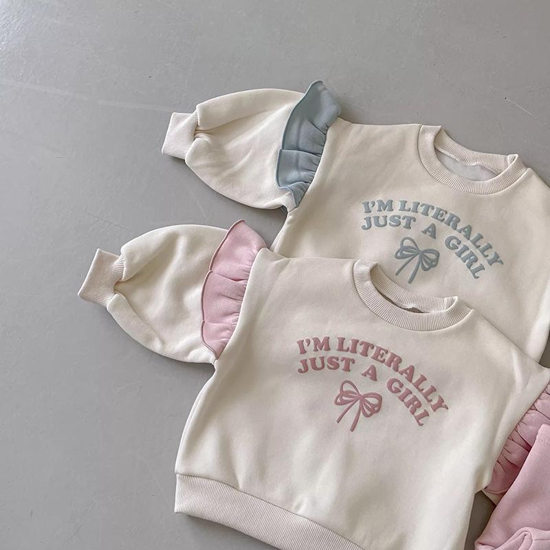 Модный весенне-осенний комплект из двух предметов для девочек с кружевом, бантом и мультяшным принтом