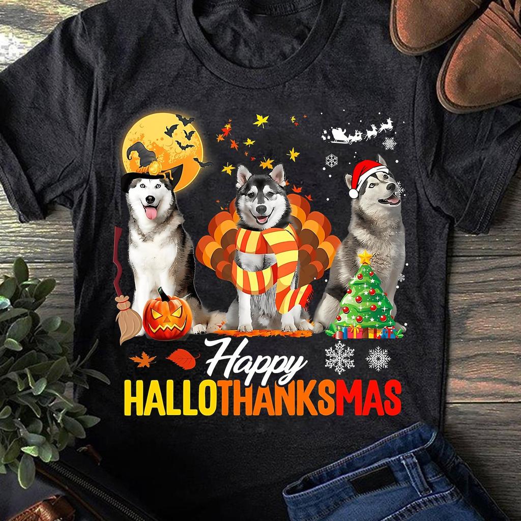 Husky Dog Happy Hallothanksmas Halloween Thanksgiving Xmas Husky T Shirt - Gift for Dog Lovers - Funny Dog - Husky Lovers - Mother's Day