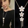 Women Vintage Rhinestone Flower Pendant Long Chain Statement Bib Necklace