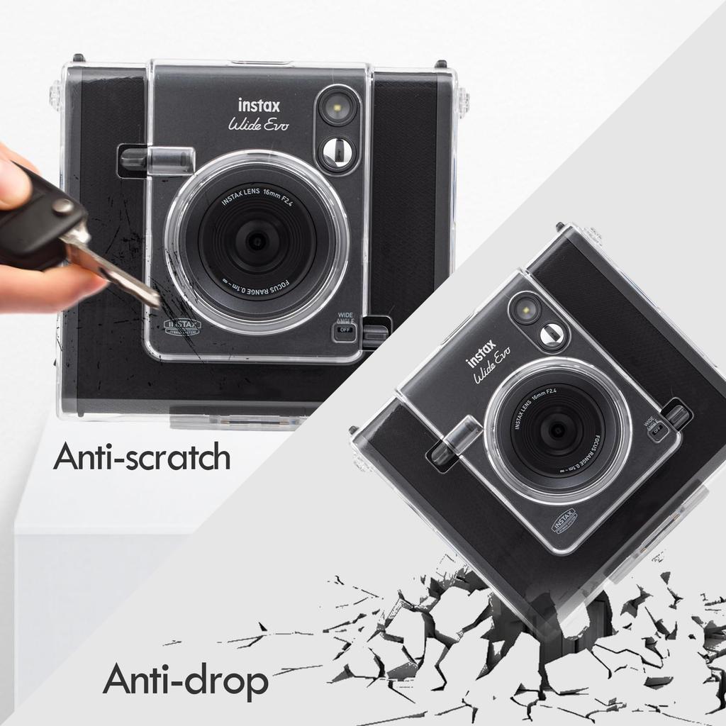 HIYQIN Clear Case with Lens Cap for Fujifilm Instax Wide Evo, Aluminum Black, with Lens Cap and Anti-Loss Cord