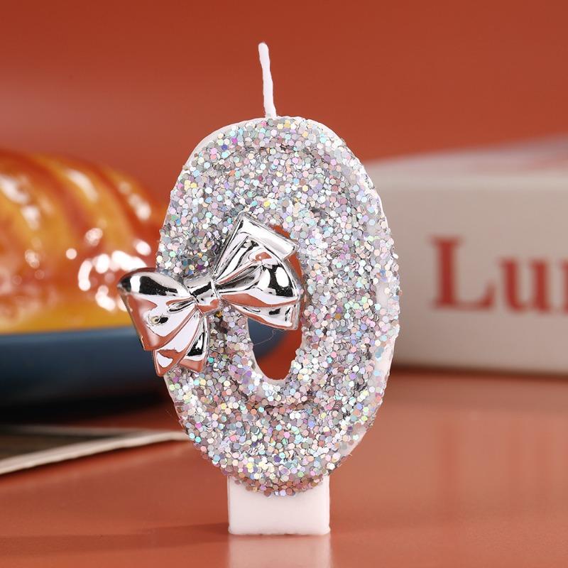Digital Birthday Candle Silver Sequin Bow Party Decoration Creative 0-9 Number Candles Birthday Cake Plugin for Party Supplies