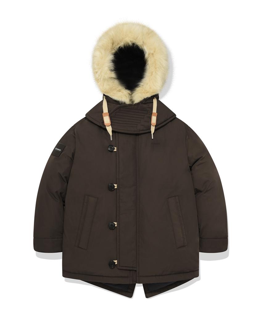 Covernat Mid-Length Hooded Fur Down Jumper Brown