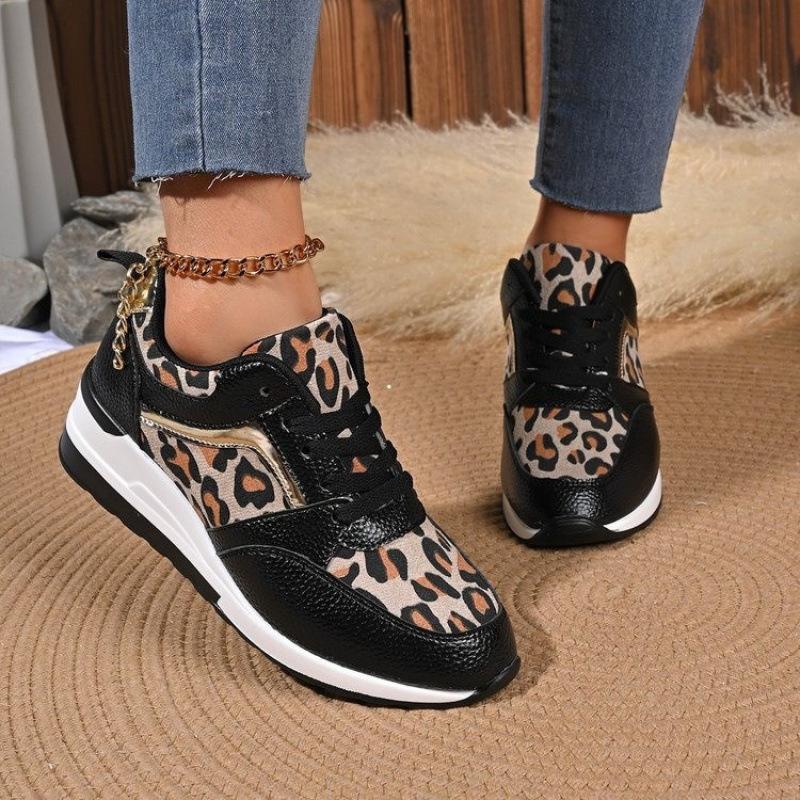 New year's flat leopard print lace-up casual sneakers plus size four-season single shoes running shoes