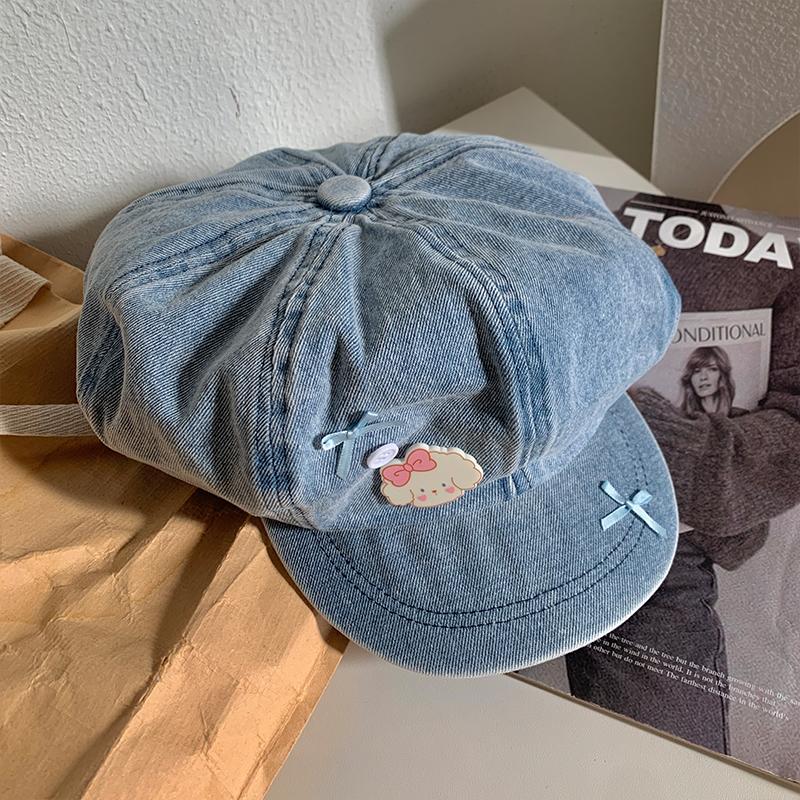 Y2K кружевной бант дизайн облако береты шапки для женщин показать лицо маленький летний осень повседневный универсальный корейский ретро джинсовый восьмиугольная шляпа