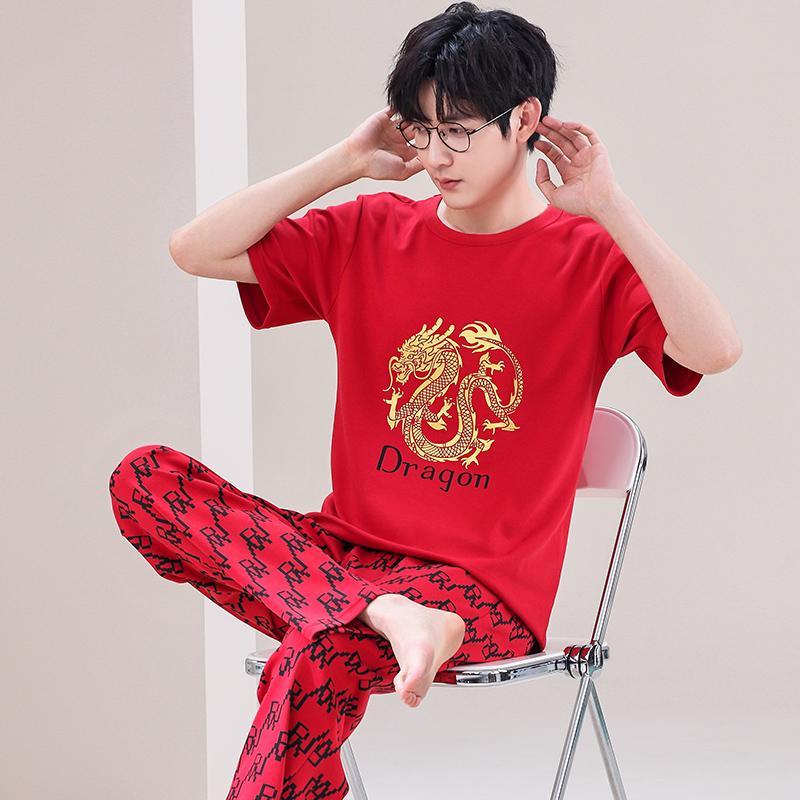 Summer Soft Cotton Pajamas Set for Men Fashion O-neck Pyjamas Short Sleeved Plaid Pants Home Suit