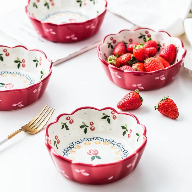 Japanese Style Breakfast Ceramic Bowl Cute Cherry Fruit Salad Bowl Home Dining Dessert Bowl