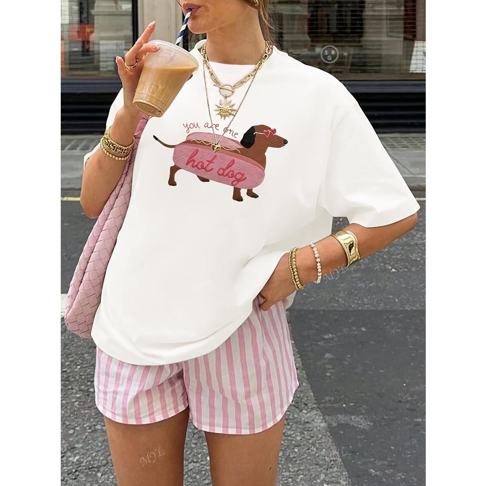 Cartoon funny dachshund print women's T-shirt Casual round neck all-match white T-shirt suitable for women in summer