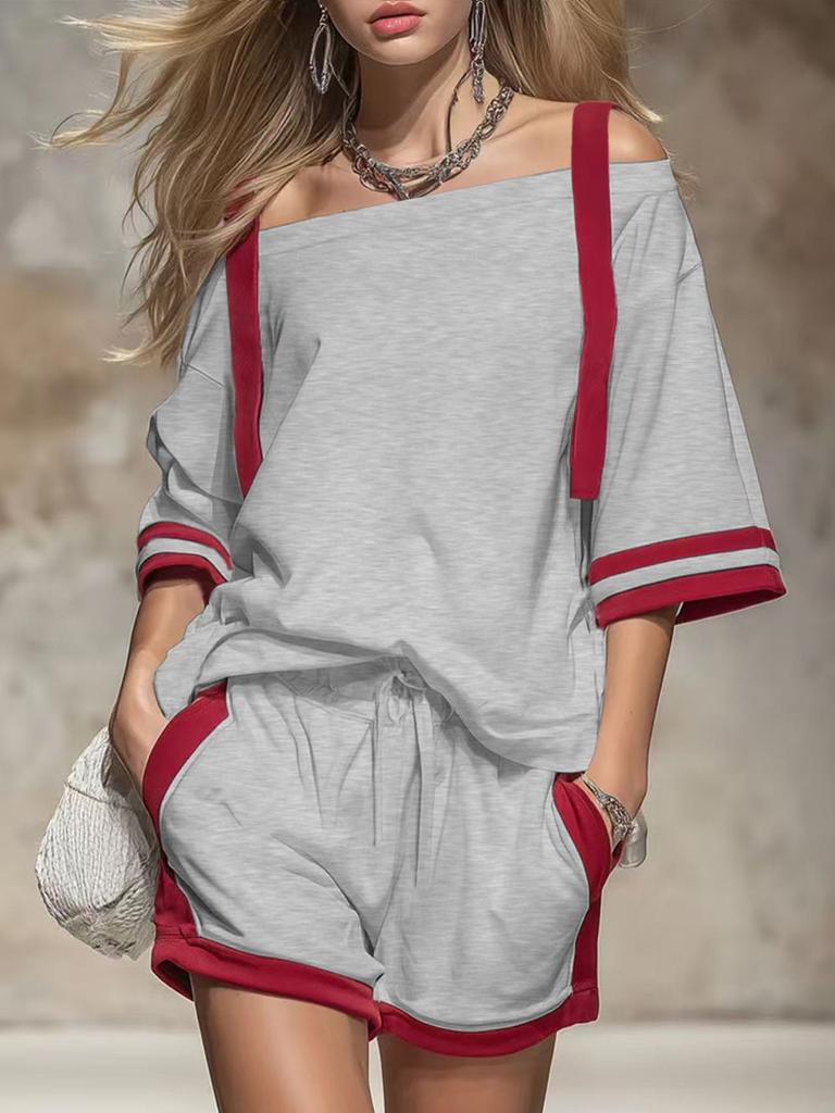 2026 Amazon European and American cross-border spring and summer women's suit off-the-shoulder top + shorts sports and leisure two-piece set