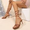 Brown Pu Sexy Lace Up Sandals Women 2025 Summer Super High Heels Ankle Strap Sandals Women Cross Strap Square Toe Party Shoes