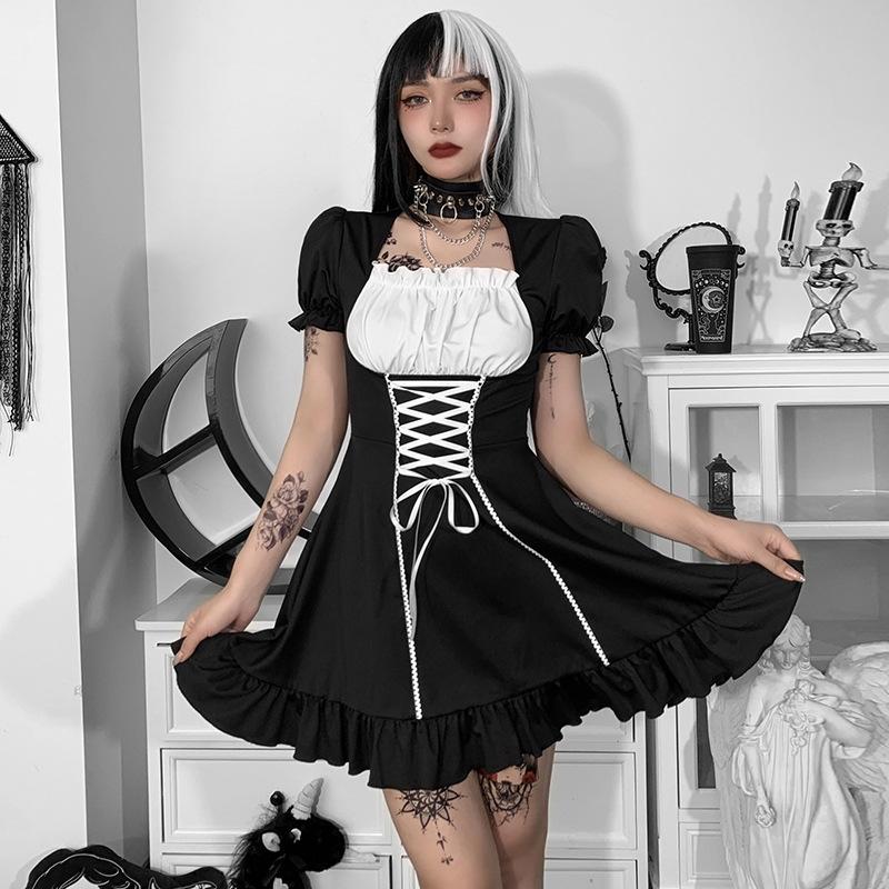 Y2k Готическое платье Лолита, женское темно-черное платье в студенческом стиле, осеннее контрастное цветное платье с пышными рукавами и завязками, женское платье