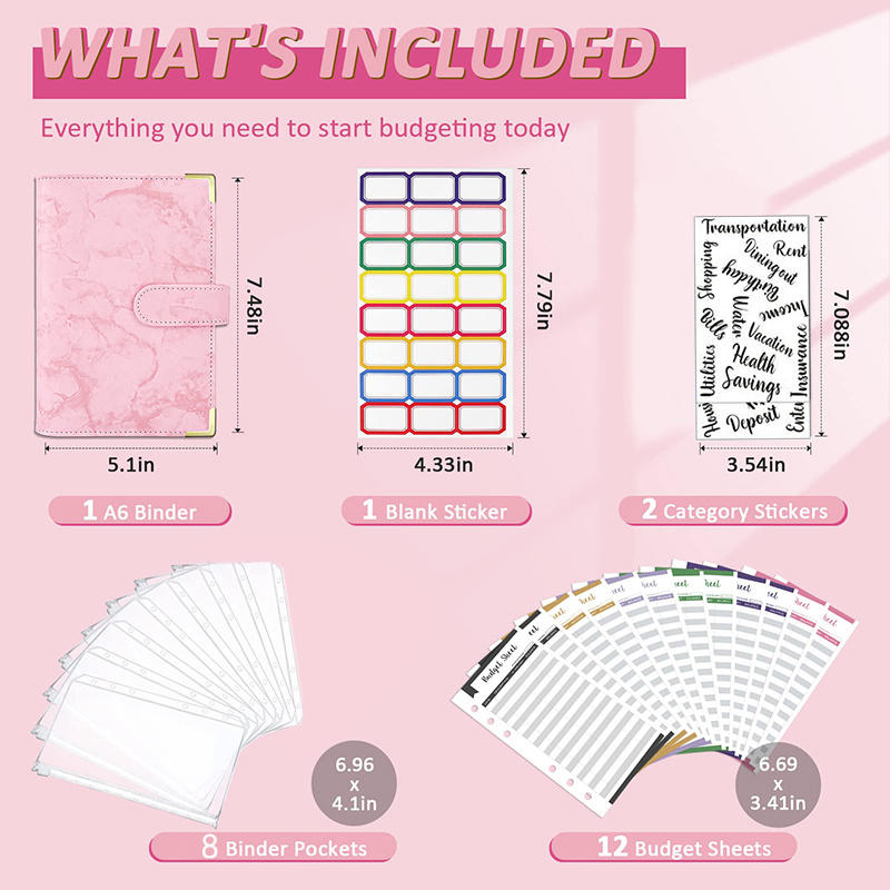 PU Leather Budget Binder With Cash Envelopes Pockets Zip Small French Budget Pouch Binder For Saving Money A6 Planner Organizer