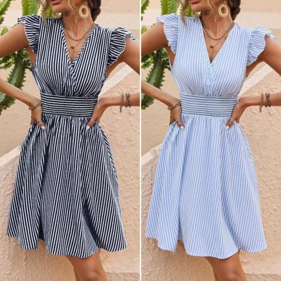 Женское платье с летающими рукавами, V-образным вырезом, полосатым принтом, эластичной высокой талией, трапециевидной формы с большим подолом и рюшами