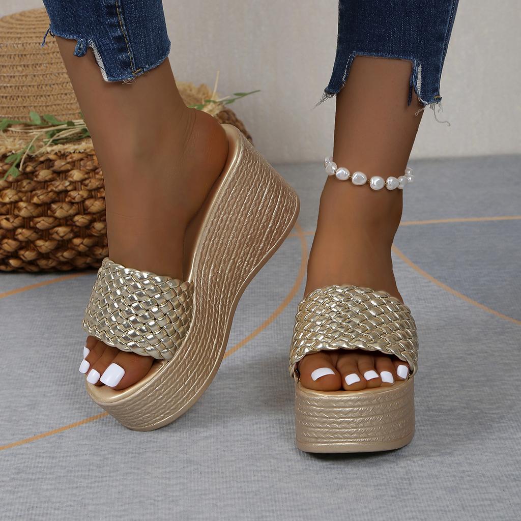 Wedges Slippers for Women Platform Sandals Woman Summer Chunky Golden Round Head Woman Thick Sole Beach Shoes Size