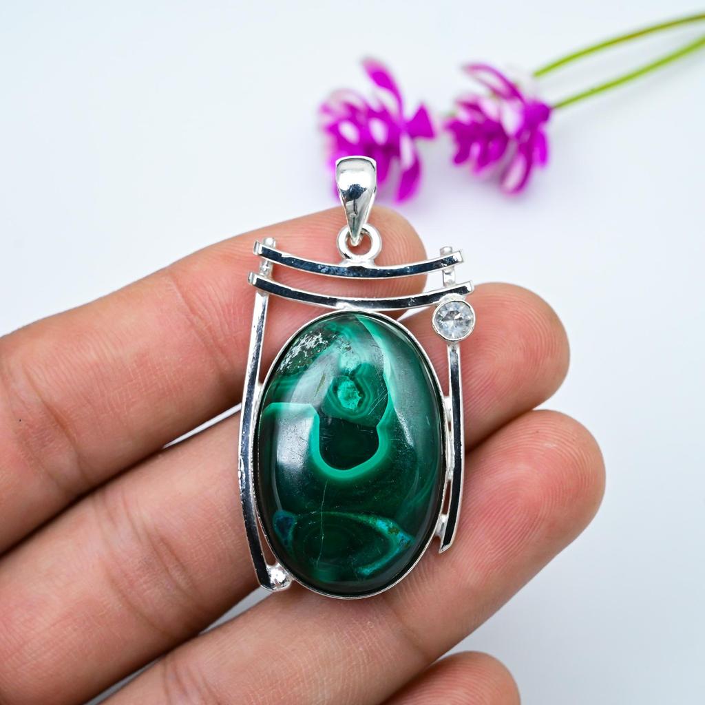 Подвеска из малахита и белого топаза, ювелирное изделие из стерлингового серебра 925 пробы. Подарок для женщин, подвеска ручной работы, ювелирные изделия из драгоценных камней