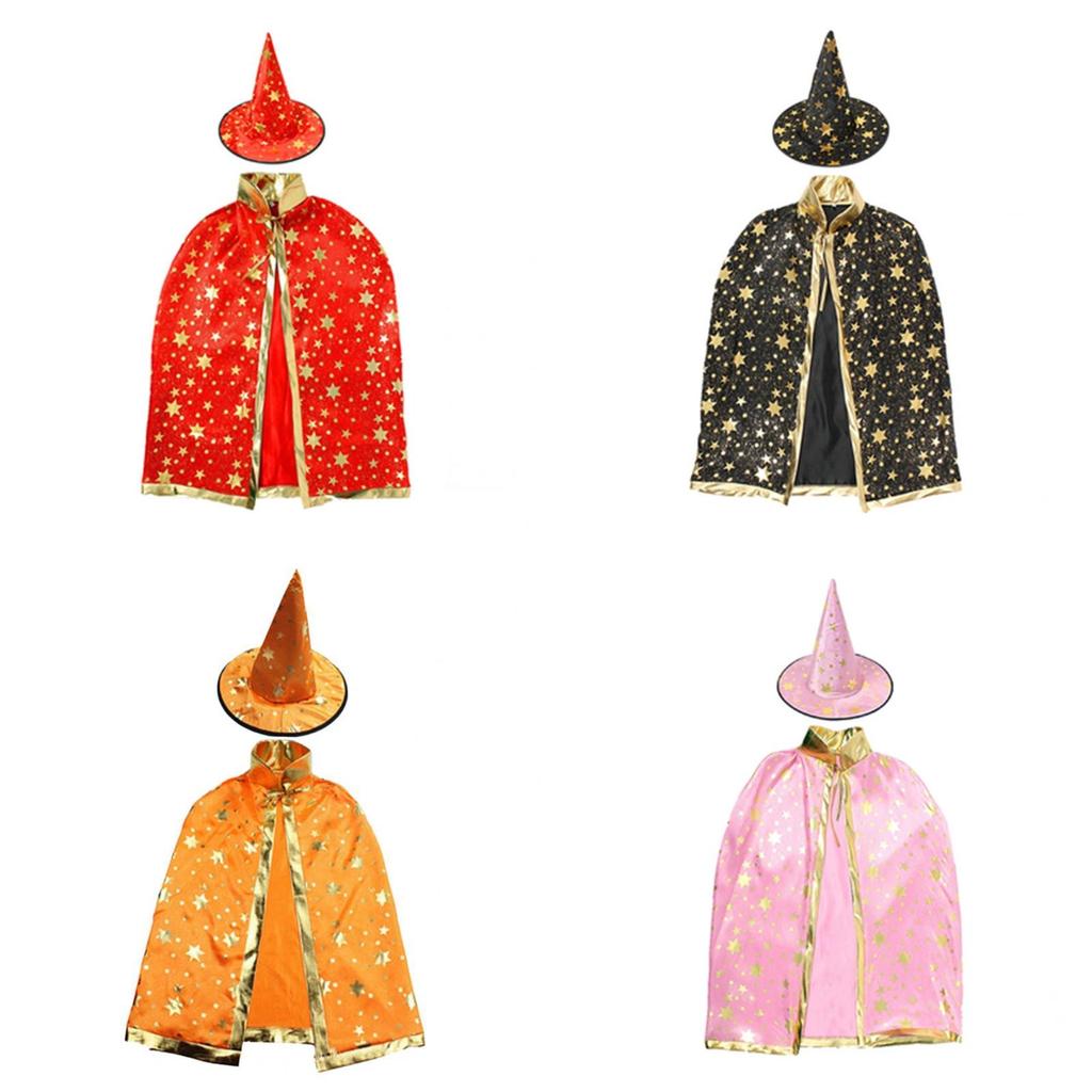 Halloween Cosplay Wizard Cape For Kids With Dazzling Star Pattern And Hat