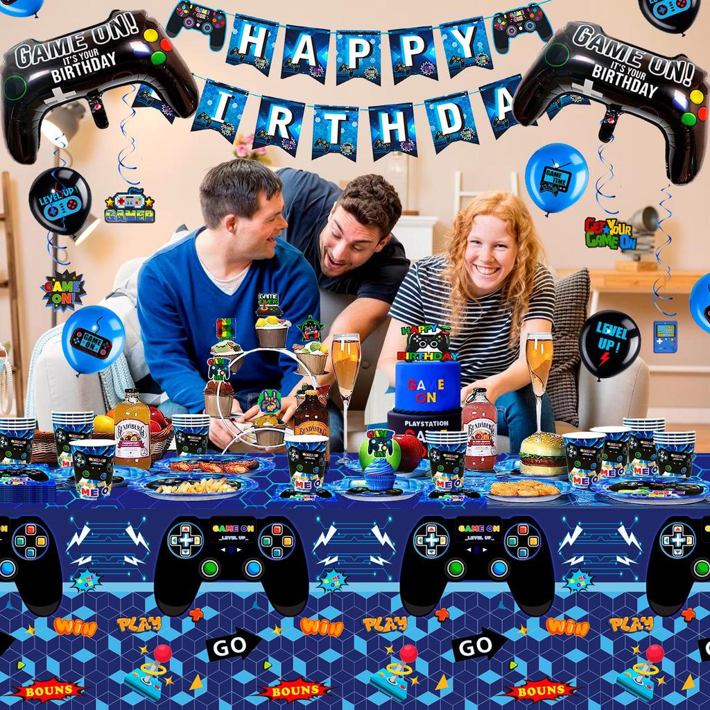 Video Game Birthday Decorations,Video Game Party Decorations&Tableware Set-Plates Cups Tablecloth Balloons Hanging Swirls Etc Party Supplies