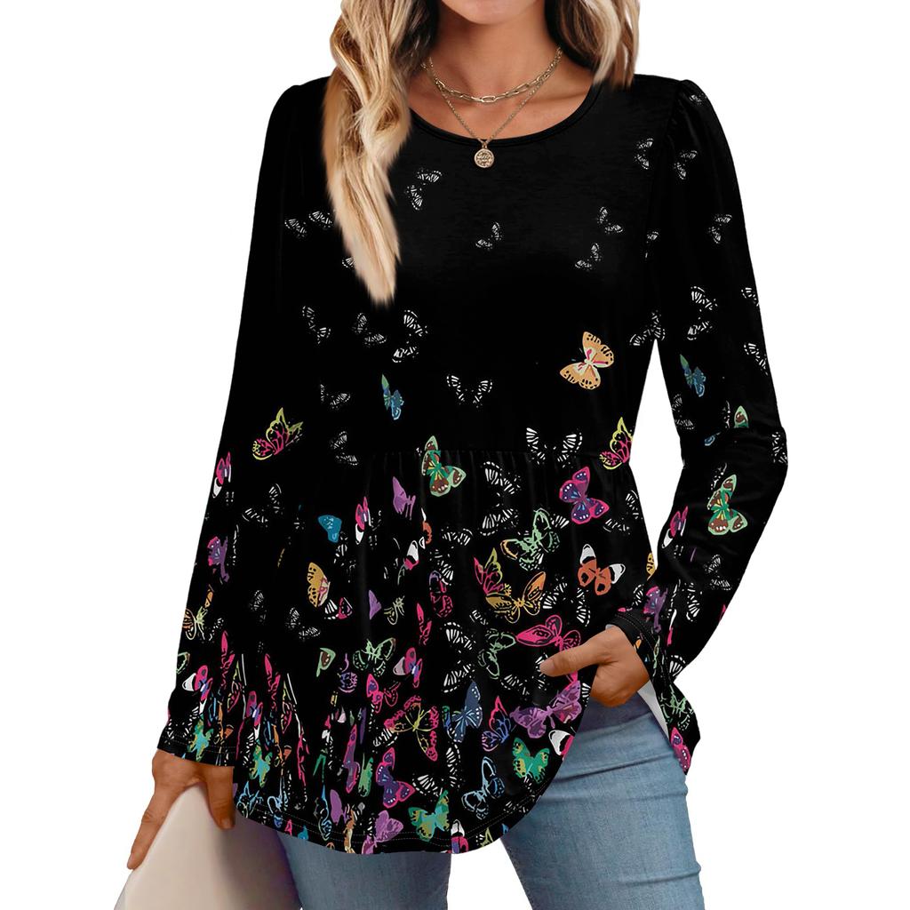 Women's Casual Fashion Long Sleeve Shirt Floral Printed Tunic Top
