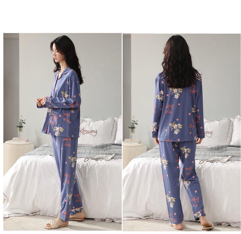 Женская пижама с длинными рукавами из 100% хлопка на весну и осень: Домашняя одежда свободного кроя для женщин среднего возраста
