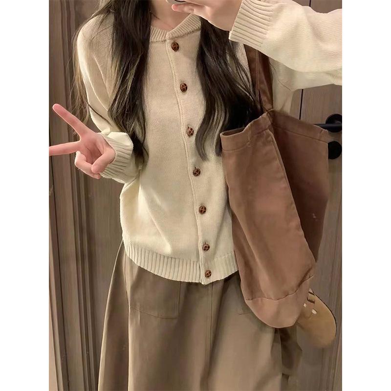 Японский ретро-клетчатый жилет в стиле мори-гёрл, абрикосовый кардиган и миди-юбка в комплекте для студенток