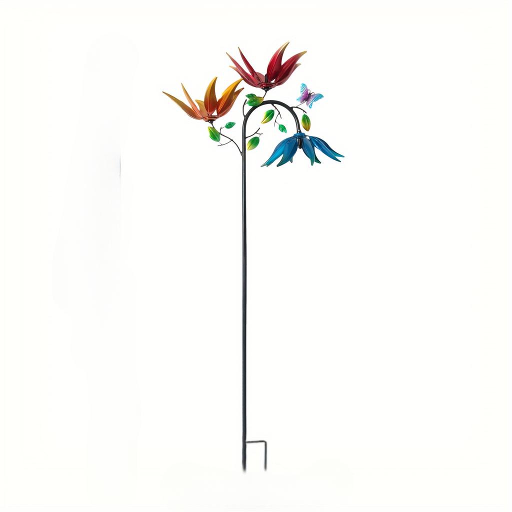 Flower Butterfly Windmill Large Metal Wind Turbine with Three Rotating Flower Butterfly Windmills Decorate Outdoor Courtyard Garden Art Decoration