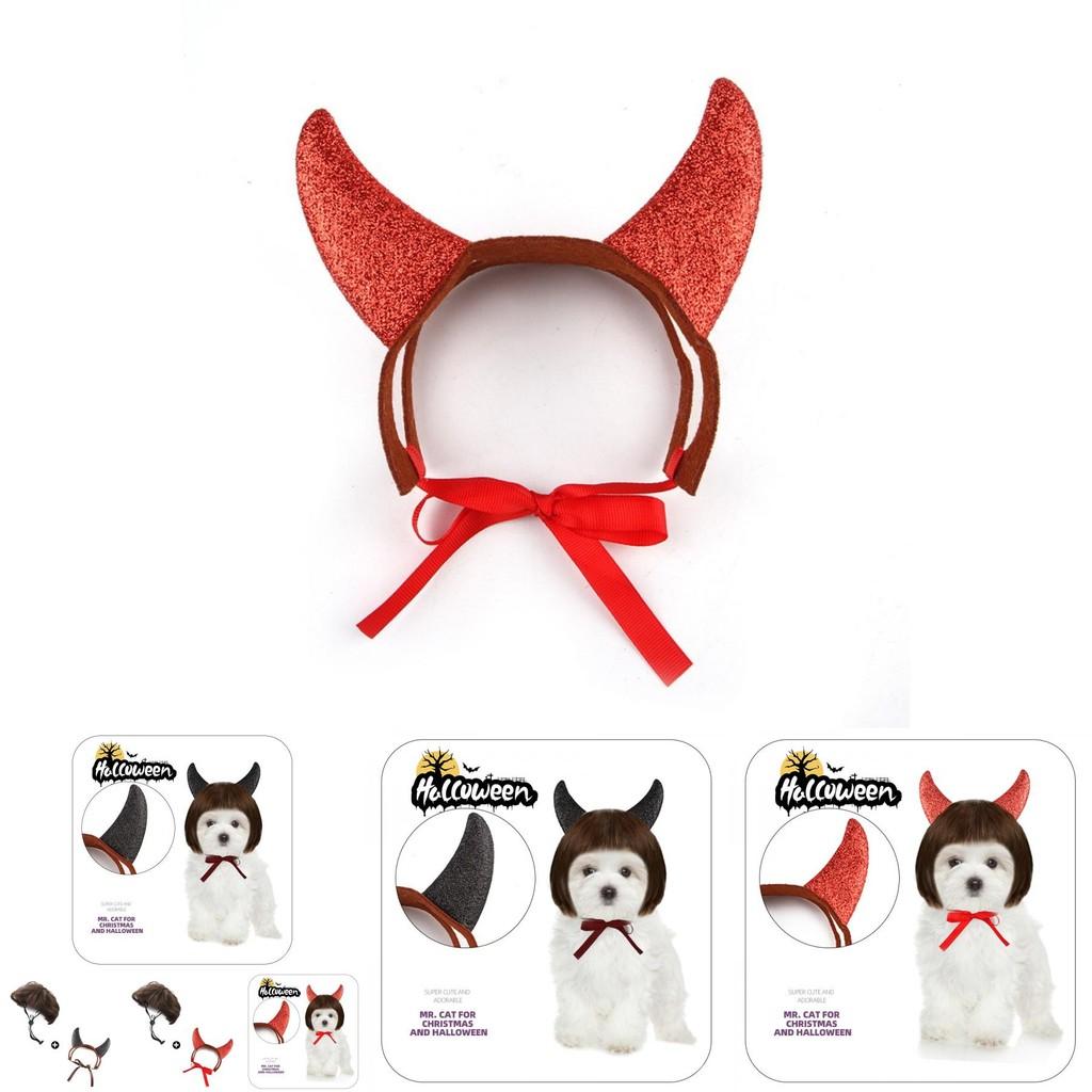 Adorable Pet Costume Accessory Set With Horned Headband And Cute Wig For Parties