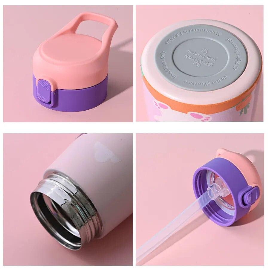 500ml Kids Stainless Steel Straw Thermos Mug Cute Cartoon Children Thermal Water Bottle Portable School Cup Drinking Kettle
