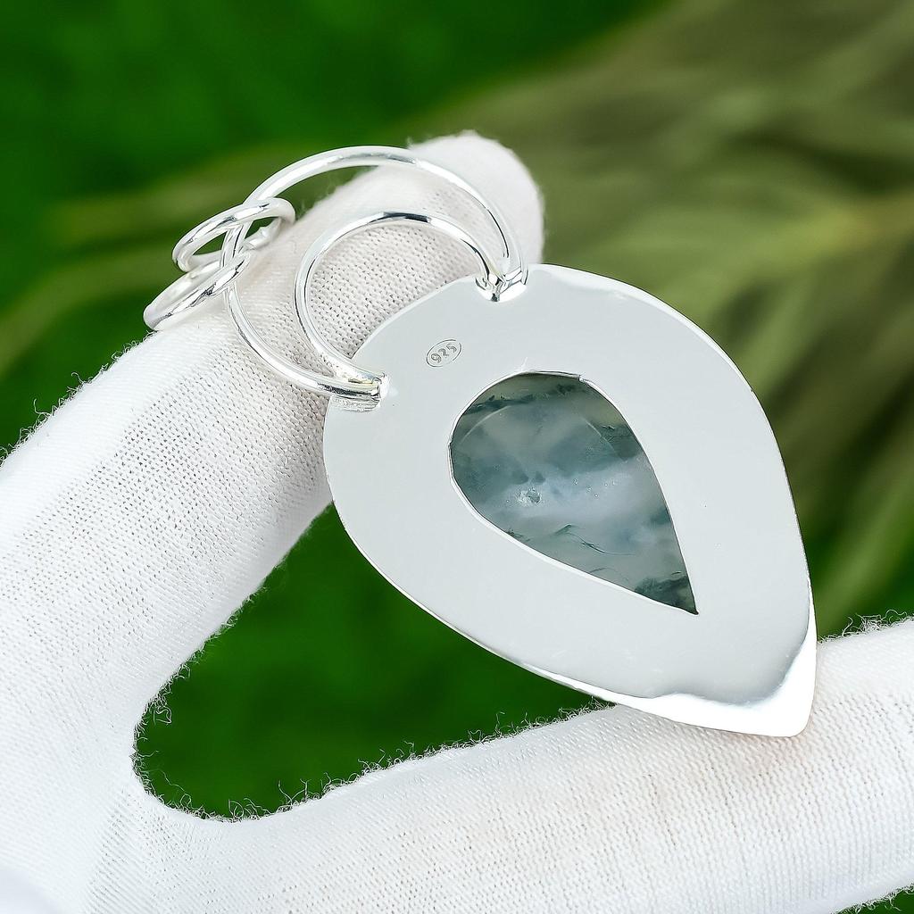 Sisters Day Deal Sterling Silver Pear Solar Moss Agate Gemstone Daughter Pendant