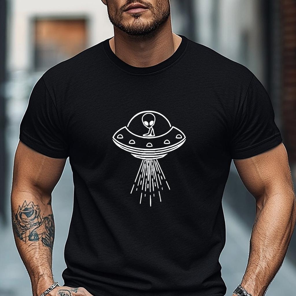 Alien UFO Graphic Tee Funny Print Men's Casual Crew Neck Cotton Short Sleeve T-Shirt