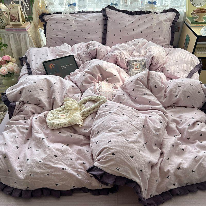 Class A Maternal Infant Grade Wrinkled Cloud Double-Layer Yarn Lace Quilt Cover, Bed Sheet 4-Pcs Set, Student Dormitory 3-Piece Set