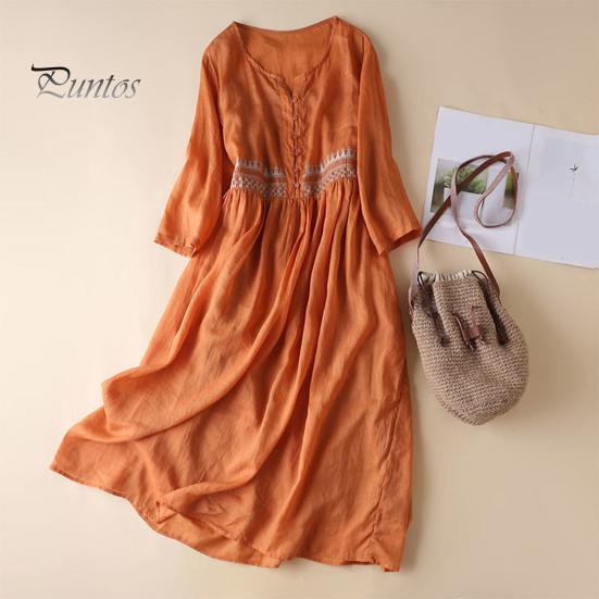 Весеннее летнее платье с вышивкой и рукавом девятого цвета, свободное платье миди с круглым вырезом, легкое платье для офиса, летней пляжной вечеринки