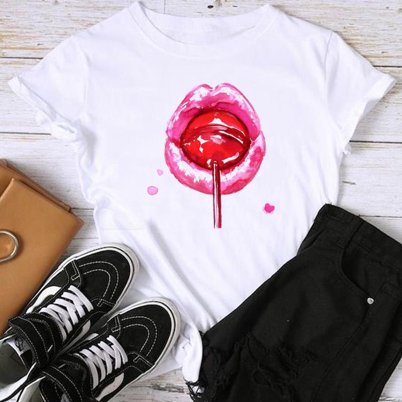 (Asian Size) Fashion Lip Watercolor Style 90s Trend Sweet Print Graphic Tee Female Casual T Clothing Casual Women's Top Short Sleeve T-shirt