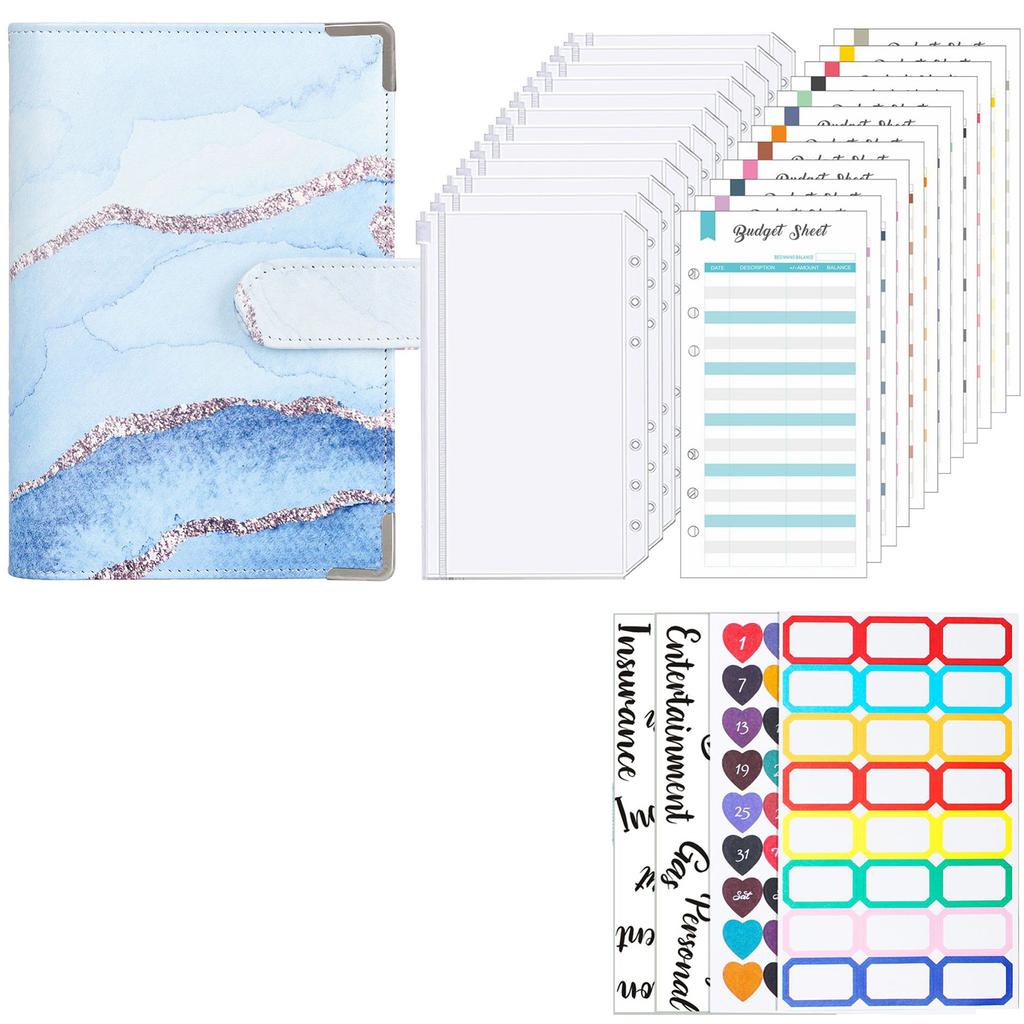 Leather Budget Binder with 12 Binder Cash Envelopes 12 Budget Sheets Label Stickers for Money Saving Budget Planner