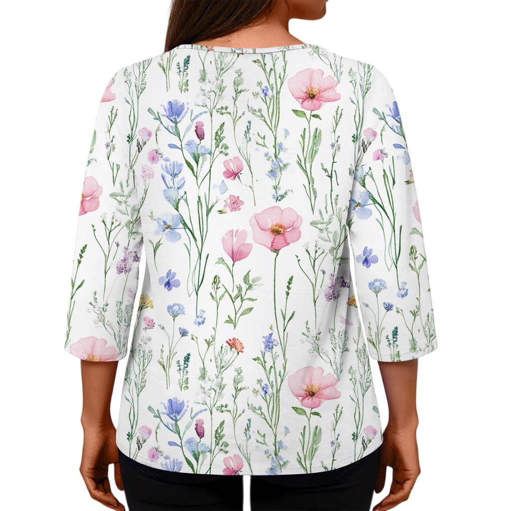 Women's Casual Fashion Loose Round Neck Floral Print Long Sleeve Top